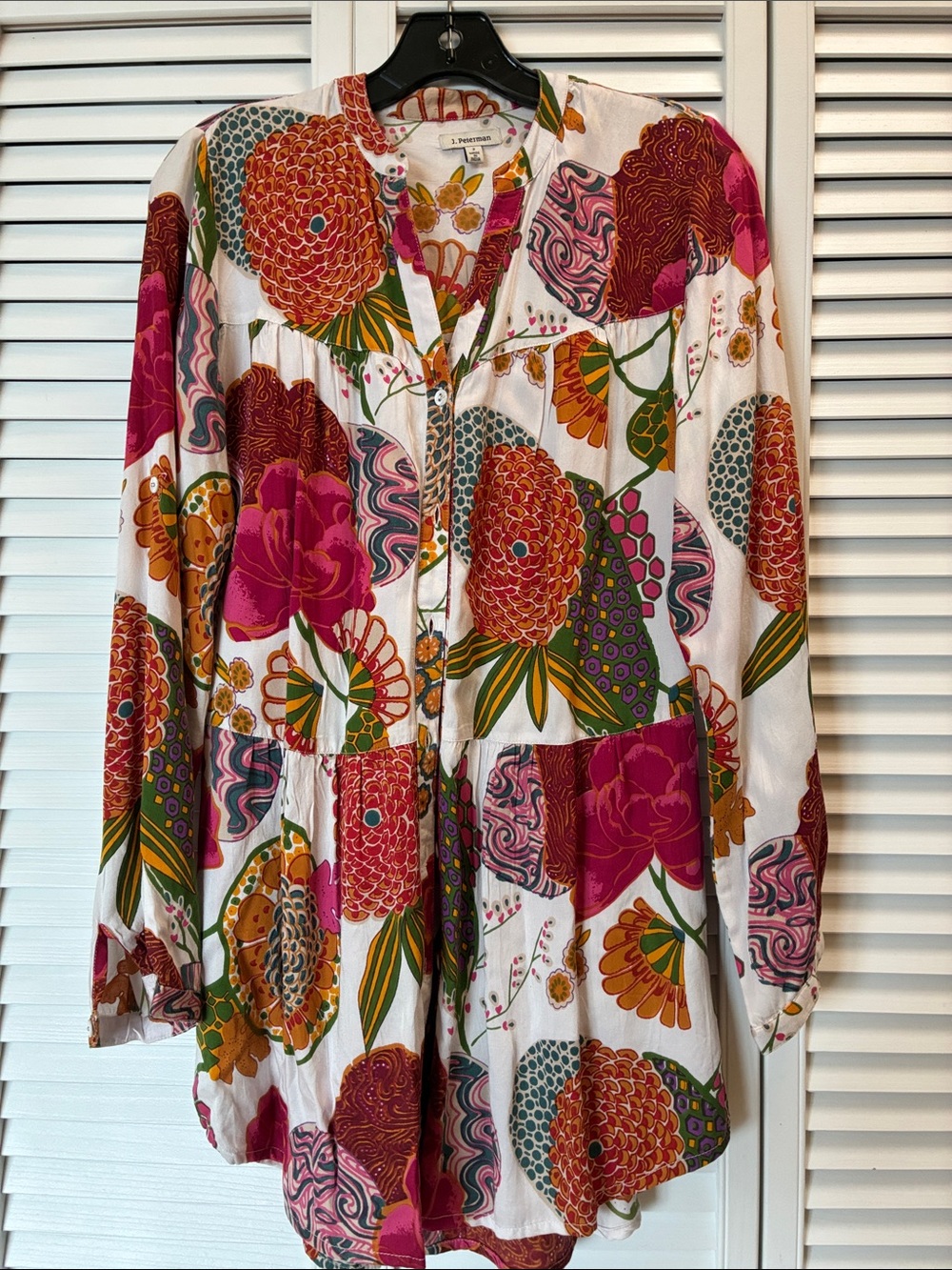 J. Peterman Long-Sleeve Floral Button Tunic Dress - White, Pink, Orange, Green